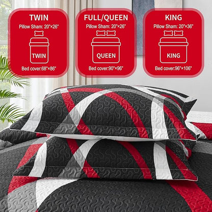 weesire Black and Red Bedding Quilt King Size with 2 Shams, Modern Stripe Comforter Sets Classic Line Pattern Bedspreads Grey and Red Coverlet, 96''x106''