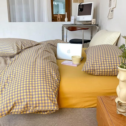 mixinni Yellow/Purple Gingham Comforter Set Queen, Plaid Comforter Set 3 Pieces 1 Vintage Grid Comfoter with 2 Pillow Cases for All Seasons, Soft Fluffy Modern Grid Pattern Printed Bedding-Queen Size