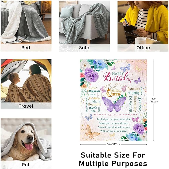 Birthday Gifts for Women, Happy Birthday Presents for Women Friendship Throw Blanket 50"X60", Best Birthday Queen Gifts Ideas for Mom Female Friend Wife Sister, Butterfly Bday Decorations for Woman