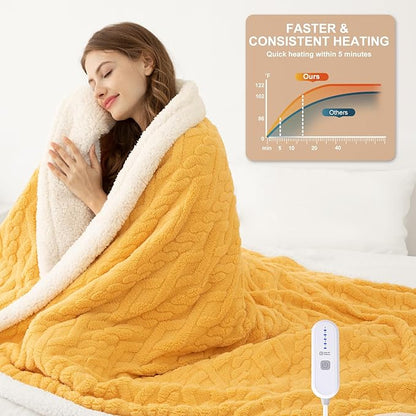 Electric Blanket Twin Size 62"X84" Yellow - Soft Thick Warm Sherpa Heated Blanket for Winter with 5 Fast Heating Levels & 10hrs Auto Off for Women, Washable & ETL Certified for Office, Bed