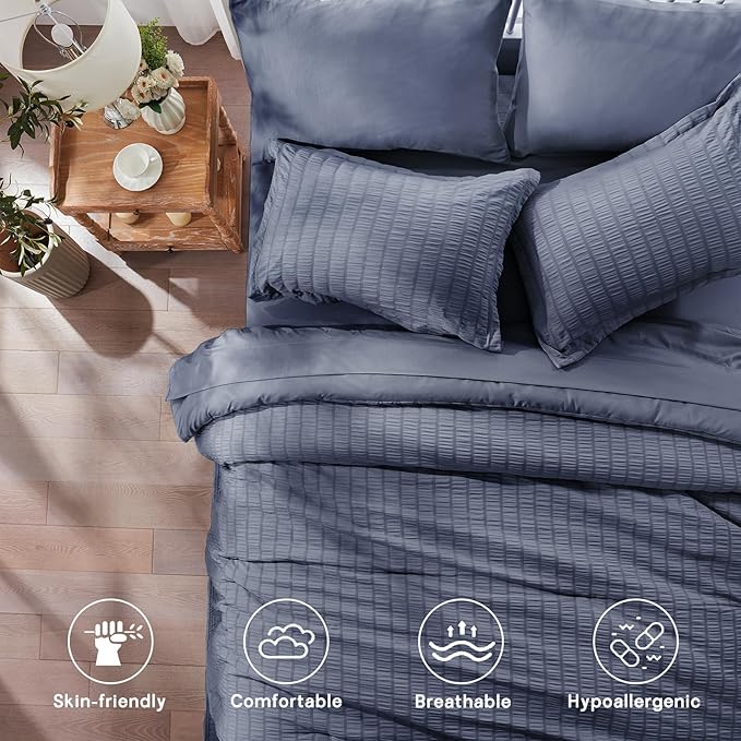 Zzlpp King Comforter Set 7 pieces, Greyish Blue Seersucker Bedding Set with 1 Comforter, 2 Pillow Shams, 2 Pillowcases, 1 Flat Sheet, 1 Fitted Sheet