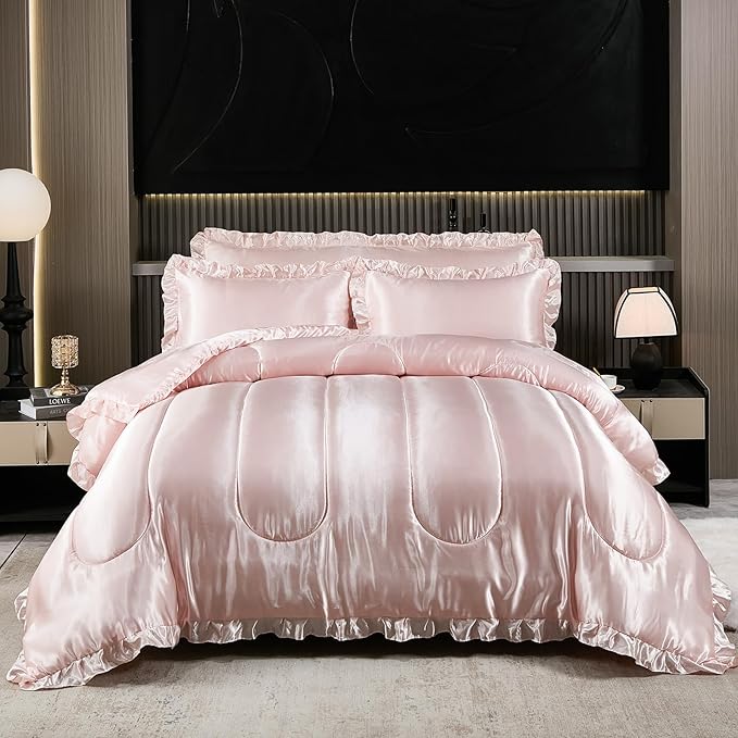 Satin King Comforter Set Silk Like Satin Bedding Set 4 Pcs Hotel Soft Polyester Pink Bed Set Luxury Silky Body Pillow Cover Ruffle Down Comforter Home Decor