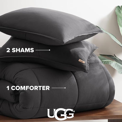 UGG Leonora Comforter Set with 2 Pillow Shams Lightweight Down Alternative Blanket Reversible Cozy Warm All Season Washable and Hypoallergenic Bedding Set, Full/Queen, Charcoal Grey