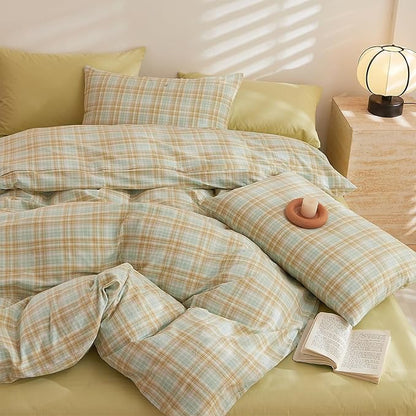 HighBuy Green Khaki Plaid Comforter Set Twin XL Modern Chic Gingham Bed Comforter with 2 Pillowcases Vintage Checkered Grid Fluffy Comforter Sets for Teen Girls,Breathable Comfy Farmhouse