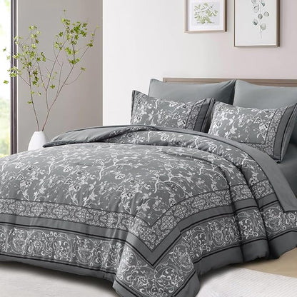 Dobuyly Grey Floral Queen Comforter Set, 7 Piece Bed in a Bag Queen Size Flowers Botanical Bedding Set, Soft Microfiber Bedding Comforter Sets with Sheets for All Season