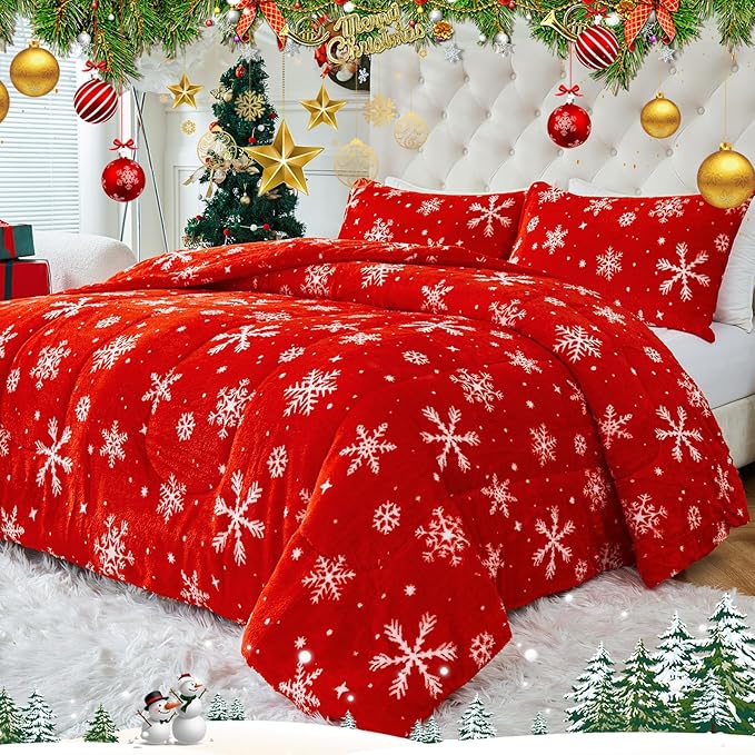 YIYEA Christmas Fluffy King Size Comforter Set, Luxury Faux Fur Comforter, Ultra Soft Plush Fuzzy Velvet Bedding Comforter Sets for Fall Winter, Cozy Warmth, No Shedding, 3PC, King