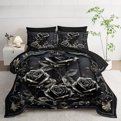 Comforter Set Queen Size Bed 7 Piece Roses，Black Queen Quilt Bedding Set Roses，Rose Bedroom Decor for Bed，(1 Comforter, 1 Flat Sheet, 1 Fitted Sheet, 2 Pillowcase and 2 Pillow Sham)