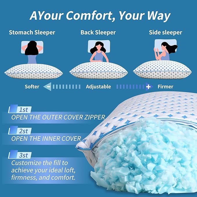 Memory Foam Pillows 2 Pack – Adjustable Loft Cooling Pillows King Size Set of 2 for Sleeping, Firm, Supportive, and Breathable Design for Hot, Side, Back, and Stomach Sleepers