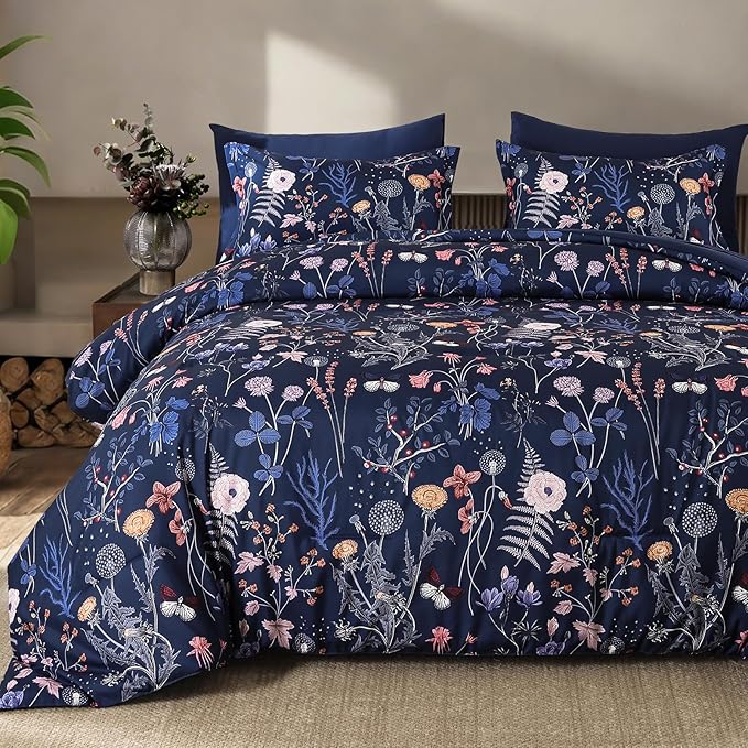 Yiran King Size Comforter Set, 7 Pieces Navy Blue Floral Soft Bedding Sets, King Bed in a Bag with Botanical Flowers Winter Comforter, Sheets, Pillowcases & Shams
