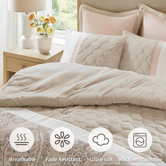 510 DESIGN Luxe Quilted Comforter Set Modern Transitional Design, All Season Down Alternative Warm Bedding Matching Shams, Bedskirt, Decorative Pillow, King, Shawnee Scrollwork Blush