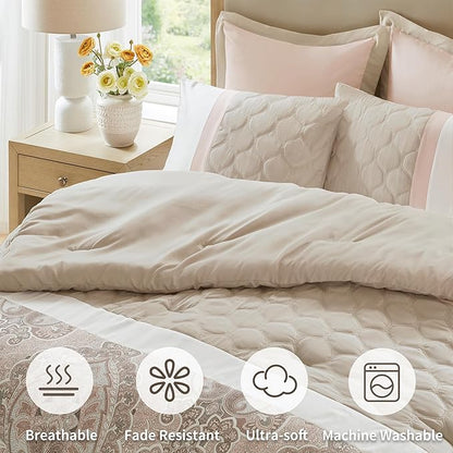 510 DESIGN Luxe Quilted Comforter Set Modern Transitional Design, All Season Down Alternative Warm Bedding Matching Shams, Bedskirt, Decorative Pillow, King, Shawnee Scrollwork Blush