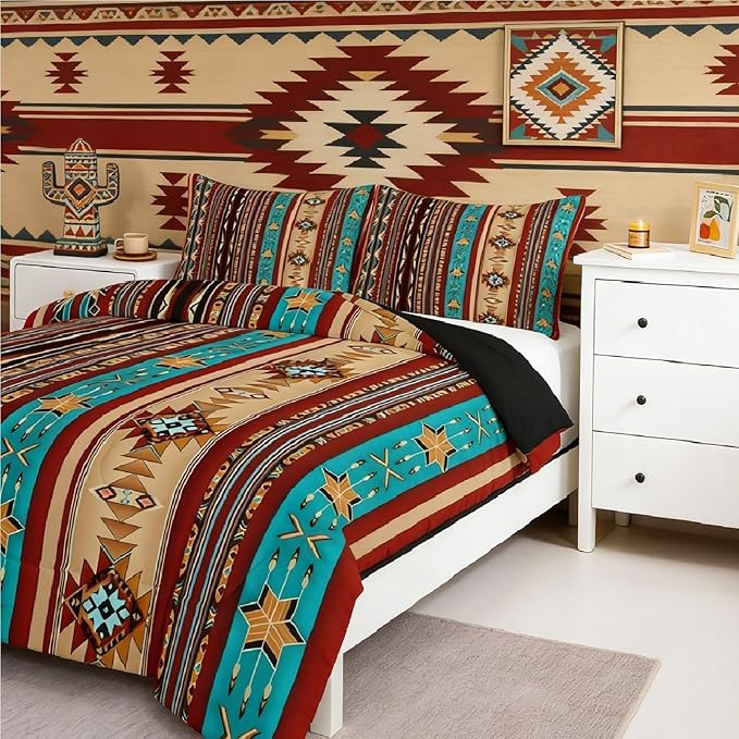 Erosebridal Aztec Bedding Set Ethnic Tribal Arrow Western Quilt,Indian Tribe Geometric Queen Comforter Set Exotic Nordic Style Duvet Insert,Geometric Western Boho Decor,Messy Red Brown Blue