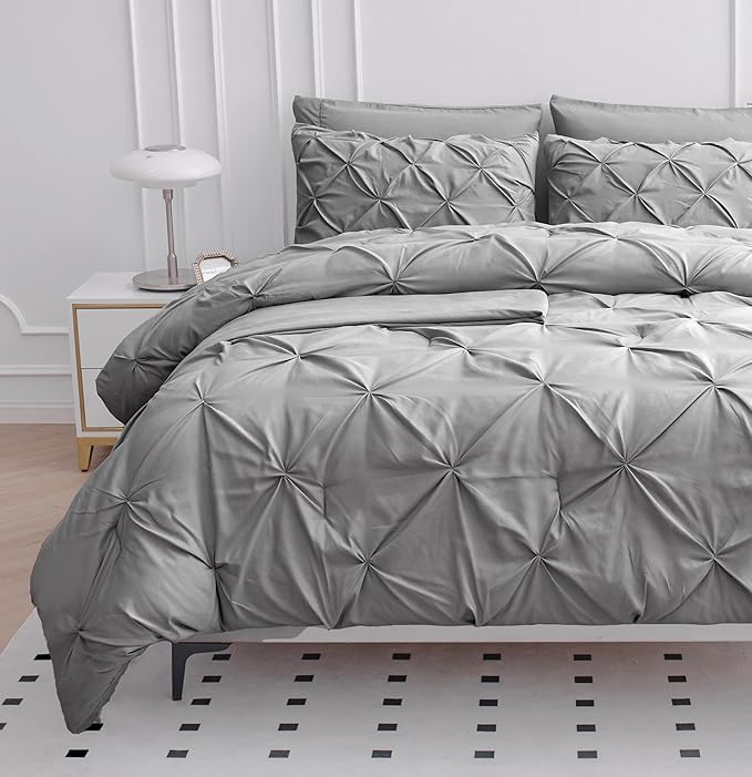 LANE LINEN California King Bedding Set – 7 Piece Hotel Style Pintuck Bed in a Bag - Down Alternative with Comforter, Sheets, Pillowcases & Shams – All Season Soft & Durable Cal King Bed Set – Silver | Durable microfiber, Extended coverage, Daily comfor...