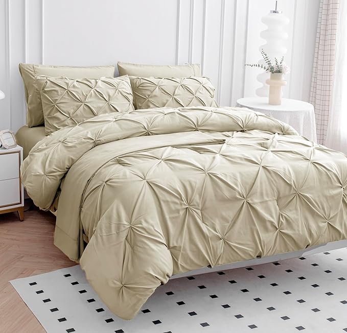 LANE LINEN Full Size Bed in a Bag Comforter - Set of 7 Piece - All-Season Luxury Down Alternative - Classic Pintuck All in One Bedding Collection - Ideal Bedding for Apartments & First Homes – Linen | Timeless style, Breathable comfort, Light cozy fill...