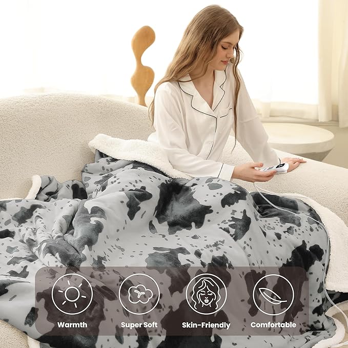Cow Print Heated Blanket Full-Heating Electric Blanket Full with 10 Heat Levels & 10 Hours Auto-Off, Cozy Soft Fleece Sherpa, Washable, 72 x 84 Inche Cow Print Grey