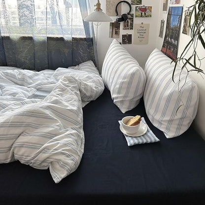 mixinni Vintage Light Blue & White Striped Comforter Set Twin XL Size - Soft Washed Cotton 3-Piece Bedding Set (1 Comforter + 2 Pillowcases), Retro Geometric Pattern, All-Season Breathable & Fluffy