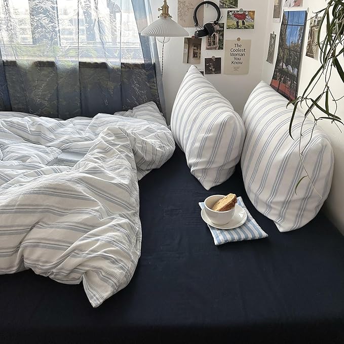 mixinni Vintage Light Blue & White Striped Comforter Set King Size - Soft Washed Cotton 3-Piece Bedding Set (1 Comforter + 2 Pillowcases), Retro Geometric Pattern, All-Season Breathable & Fluffy