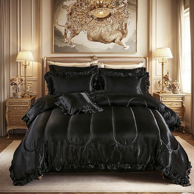 Satin Comforter Set with Sheet Set Queen 8 Pieces Silk Like Black Bedding Silky Ruffle Pattern Luxury Silky Comforter Set with 1 Cushion Cover