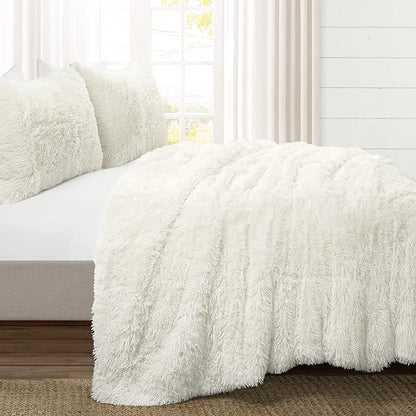 Lush Decor Emma Faux Fur Comforter King Size 3 Piece Set Ivory - Cream Bedding Set King Comforters - Fluffy Comforter - Modern Decor