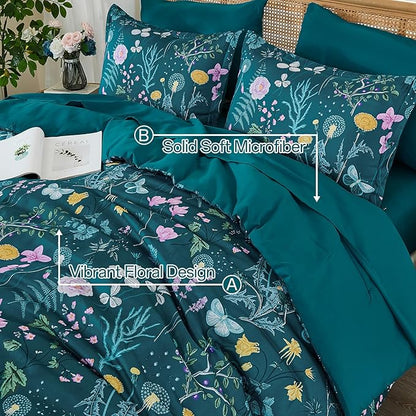 Yiran Teal Blue Comforter Set King Size, 7 Piece Floral Botanical Comforter Bedding Set, Farmhouse Bed in a Bag, Soft Microfiber Complete Bedding Set with Sheets for All Season
