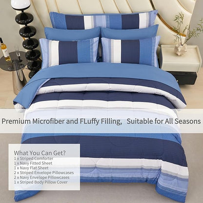 RYNGHIPY Navy Blue Comforter Set Queen Size: 8 Pieces Bedding Set Colorblock Stripe Lightweight Soft All Season Comforter Sets with Sheets Pillowcases (Queen,Navy)