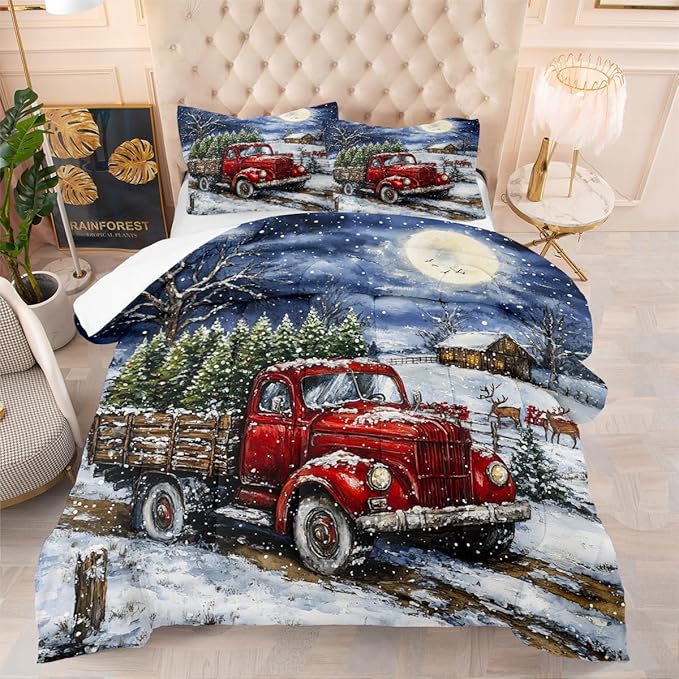 Red Truck Comforter Set Queen Size, Blue White Xtmas Trees Bedding Set for Kids Girls, Moon Snowflake Holiday Decor Comforter,3Pcs Soft Warm Bed Set with 2 Pillowcases(90 * 90)