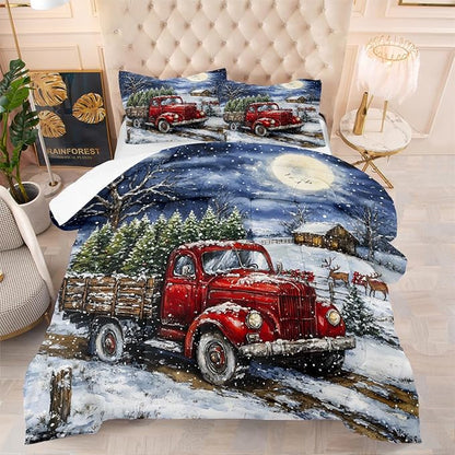 Red Truck Comforter Set Queen Size, Blue White Xtmas Trees Bedding Set for Kids Girls, Moon Snowflake Holiday Decor Comforter,3Pcs Soft Warm Bed Set with 2 Pillowcases(90 * 90)