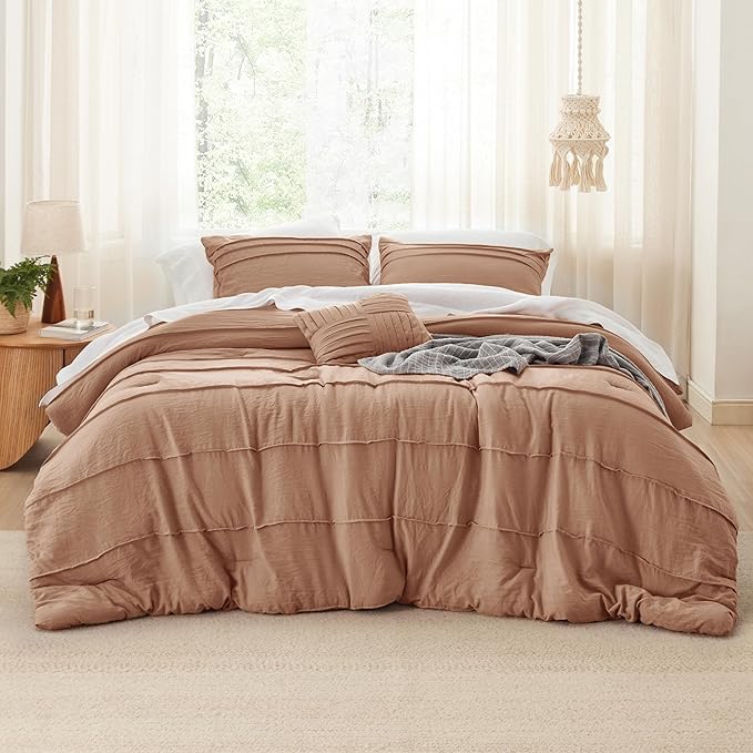 Bedsure Queen Comforter Set - 4 Pieces Pinch Pleat Bed Set, Taupe Boho Bedding for All Season, 1 Soft Comforter, 2 Pillowcases, 1 Decorative Pillow
