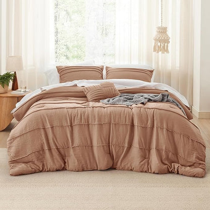 Bedsure King Comforter Set - 4 Pieces Pinch Pleat Bed Set, Taupe Boho Bedding for All Season, 1 Soft Comforter, 2 Pillowcases, 1 Decorative Pillow
