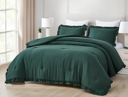 Chezmoi Collection Nora Emerald Green Comforter Set Full Size 3-Piece Fluffy Soft Lightweight Bedding Ruffled Edge Trim Stone-Washed Microfiber Comforter Set for All Season