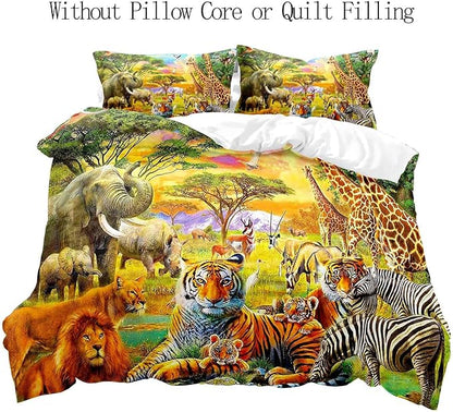 VIVIHOME 3PCS Safari Animal Duvet Cover Queen Bedding Set, Teens Boys Girls Kids Bedding, Zoo Jungle Tiger Lion Elephant Zebra Giraffe African Wildlife Wild Animal Comforter Quilt Cover, 2 Pillowcases
