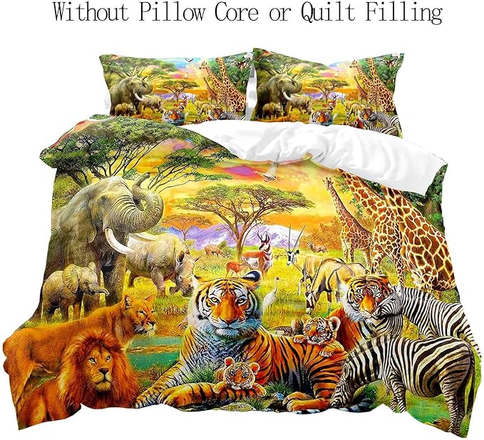 VIVIHOME 3PCS Safari Animal Duvet Cover King Bedding Set, Teens Boys Girls Kids Bedding, Zoo Jungle Tiger Lion Elephant Zebra Giraffe African Wildlife Wild Animal Comforter Quilt Cover, 2 Pillowcases