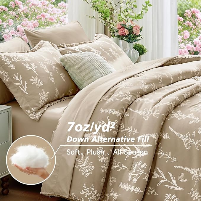 MUXHOMO Taupe Full Comforter Set, Elegant Floral Print Bed in a Bag 7 Pieces, Ultra Soft & Breathable Reversible Botanical Pattern Bedding Set with Comforter, Sheets, Pillowcases, and Shams