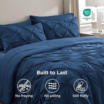 Bedsure Twin Comforter Set Navy - Bed in a Bag Twin Size Bedding 5 Pieces, GentleSoft™ Pintuck Bed Set Gift for Family, Pinch Pleat Navy Comforter with Sheets, Pillowcase & Sham