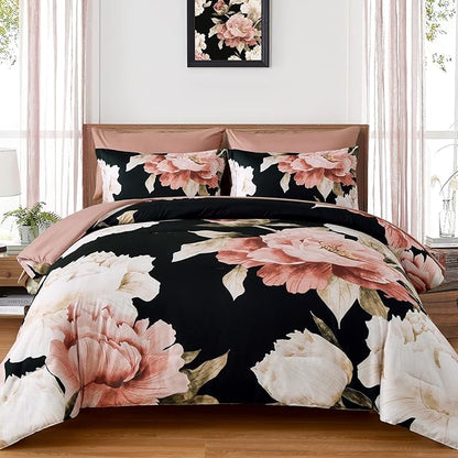 Dobuyly Full Size Comforter Set 7 Piece Bed in a Bag, Pink Floral Printed on Black Comforter Set with Sheets, Soft Microfiber Botanical Flower Bedding Set for All Season