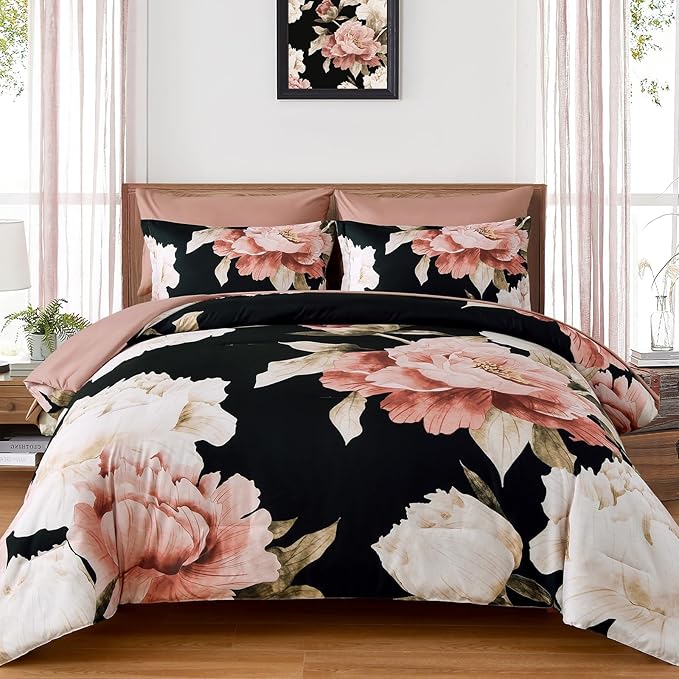 Dobuyly Black King Size Comforter Set 7 Piece Bed in a Bag, Pink Floral Printed on Black Comforter Set with Sheets, Soft Microfiber Botanical Flower Bedding Set for All Season