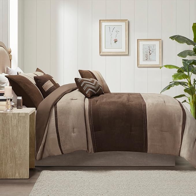 Madison Park Palisades Comforter Set Modern Faux Suede Pieced Stripe Design, All Season Down Alternative Cozy Bedding with Matching Shams, Decorative Pillows, King(104"x92"), Brown 7 Piece