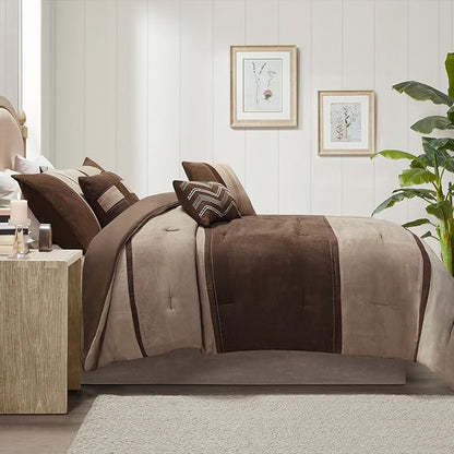 Madison Park Palisades Comforter Set Modern Faux Suede Pieced Stripe Design, All Season Down Alternative Cozy Bedding with Matching Shams, Decorative Pillows, King(104"x92"), Brown 7 Piece