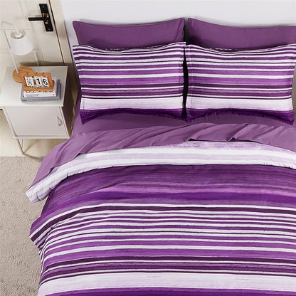 KAKIJUMN 7 Piece Bed in a Bag Stripe Comforter Set King Size, White and Purple Patchwork Striped Comforter and Sheet Set, All Season Soft Microfiber Complete Bedding Sets(Purple,King)