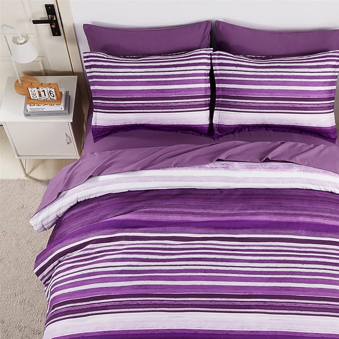 KAKIJUMN 7 Piece Bed in a Bag Stripe Comforter Set Queen Size, White and Purple Patchwork Striped Comforter and Sheet Set, All Season Soft Microfiber Complete Bedding Sets(Purple,Queen)