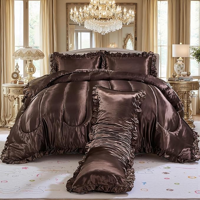 Brown King Comforter Silk Like Bedding 4 Pcs Hotel Soft Polyester Satin Bed Set Luxury Silky Body Pillow Cover Ruffle Home Decor