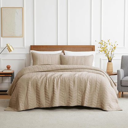 palassio Dark Beige Cotton Quilt Twin Size Bedding Sets with Pillow Sham, Lightweight Soft Bedspread Coverlet, Quilted Comforter Bed Cover for All Season, 2 Pieces, 68x86 inches