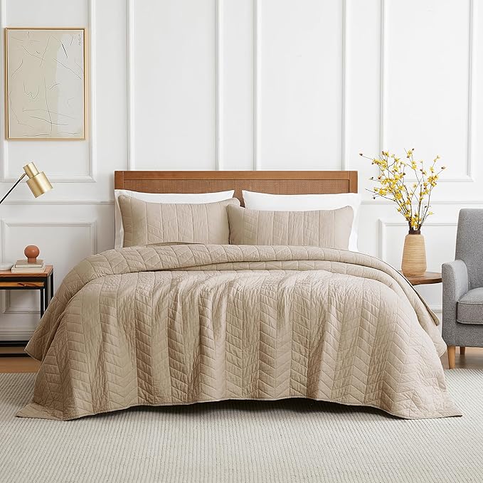 palassio Dark Beige Cotton Quilt Queen Size Bedding Sets with Pillow Shams, Lightweight Soft Bedspread Coverlet, Quilted Comforter Bed Cover for All Season, 3 Pieces, 90x96 inches
