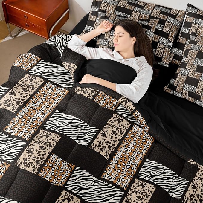 Leopard Print 7 Pcs Comforter Set Full,Wildlife Zebra Cow Skin Bedding Set with Comforter,Pillowcases,Pillow Covers,Flat Sheet,Fitted Sheet,Animals Fur Splice Patchwork Bedding for Room Decor