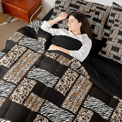 Leopard Print 7 Pcs Comforter Set Full,Wildlife Zebra Cow Skin Bedding Set with Comforter,Pillowcases,Pillow Covers,Flat Sheet,Fitted Sheet,Animals Fur Splice Patchwork Bedding for Room Decor