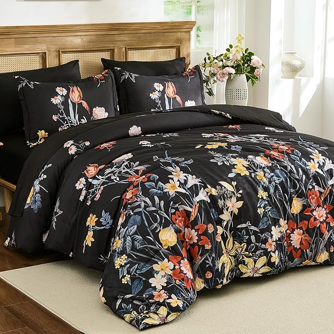 WONGS BEDDING King Comforter Set 7 Piece, Black Floral Bed in a Bag Bedding Set with Botanical Flowers Patterns, Soft Lightweight Complete Comforters with Sheets for All Season