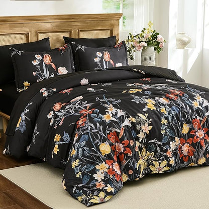 WONGS BEDDING King Comforter Set 7 Piece, Black Floral Bed in a Bag Bedding Set with Botanical Flowers Patterns, Soft Lightweight Complete Comforters with Sheets for All Season