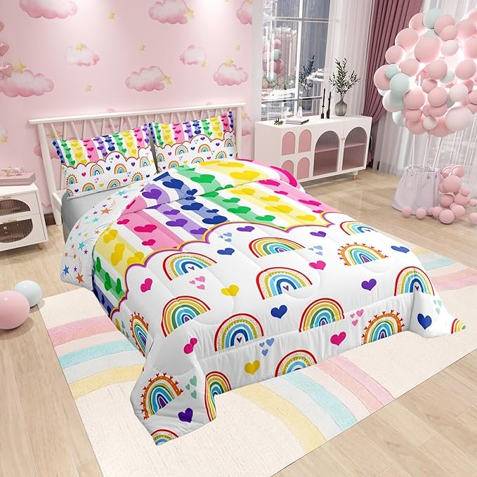Manfei Cute Rainbow Kids Comforter Set King Size,Watercolor Love Heart Dreamy Bedding Set,Girls Women Room Decor,Colorful Geometric Stripes Patchwork Down Comforter,Chic Duvet Insert,2 Pillowcases