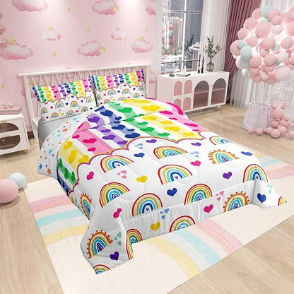 Manfei Cute Rainbow Kids Comforter Set King Size,Watercolor Love Heart Dreamy Bedding Set,Girls Women Room Decor,Colorful Geometric Stripes Patchwork Down Comforter,Chic Duvet Insert,2 Pillowcases