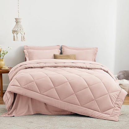 Love's cabin Queen Comforter Set Pink, 7 Pieces Queen Bed in a Bag, All Season Bedding Sets with 1 Comforter, 1 Flat Sheet, 1 Fitted Sheet, 2 Pillowcase and 2 Pillow Sham